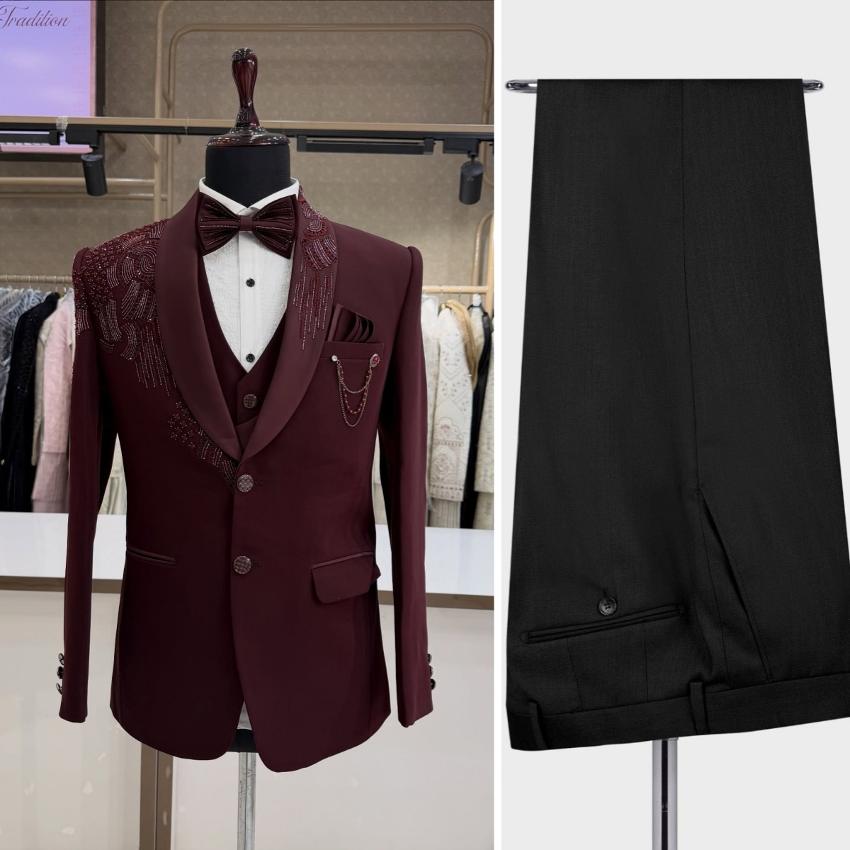Men'S Fashion Zipper Jacket - 3 Pieces Groom Wedding Tuxedos Beading